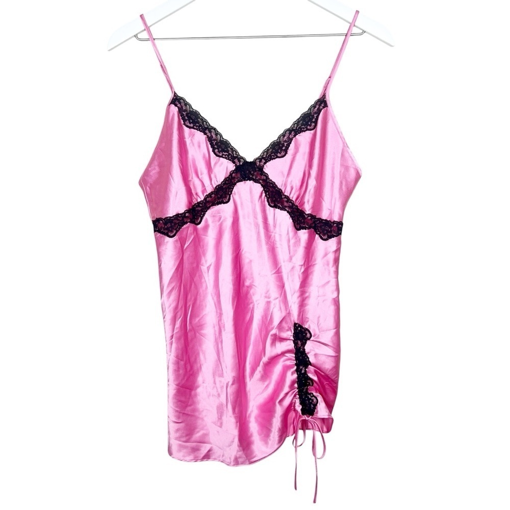 Victorias Secret Y2K Pink Black lace Lingerie satin slip dress size medium